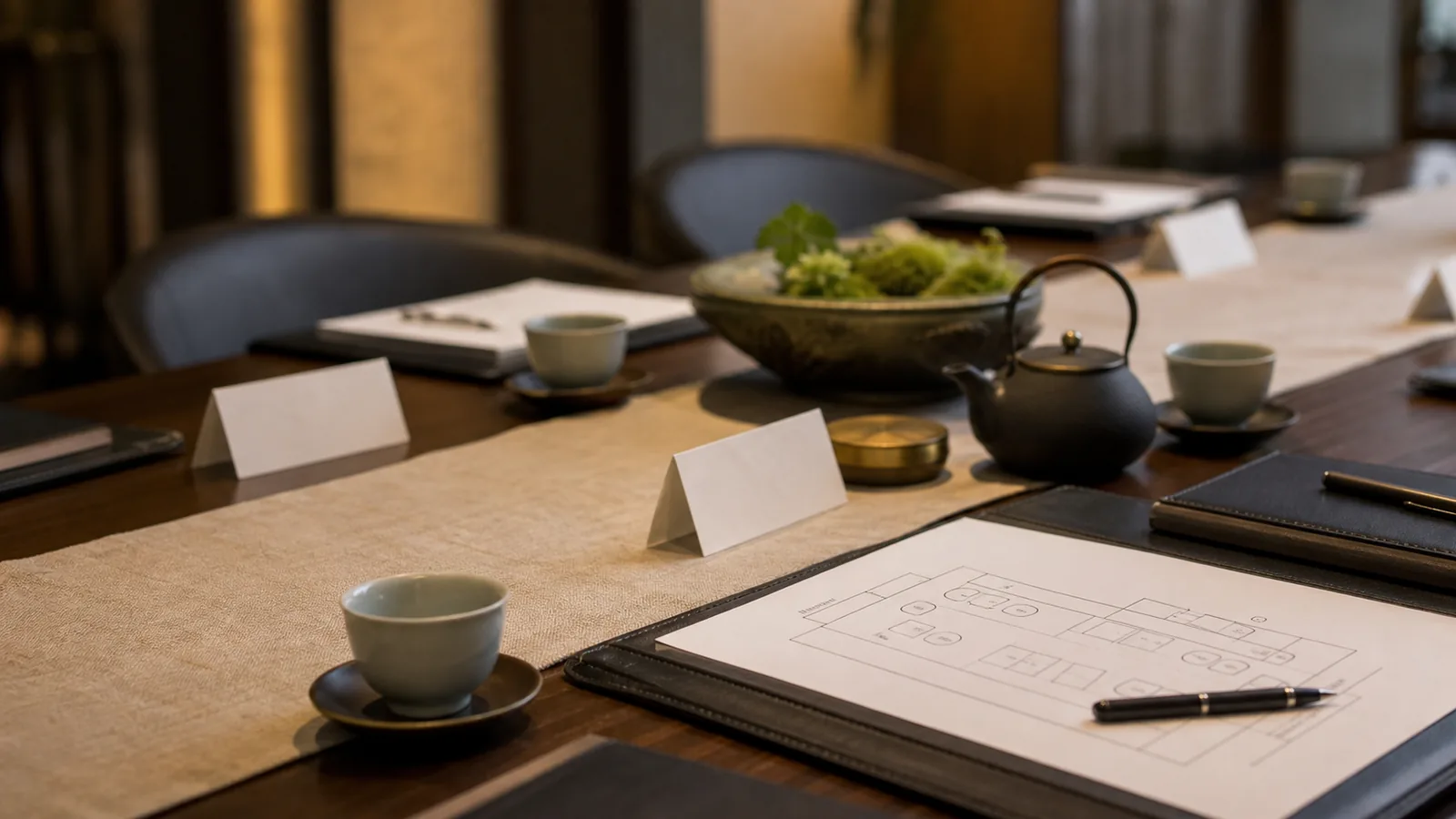 Private family governance workshop table with planning materials and tea.