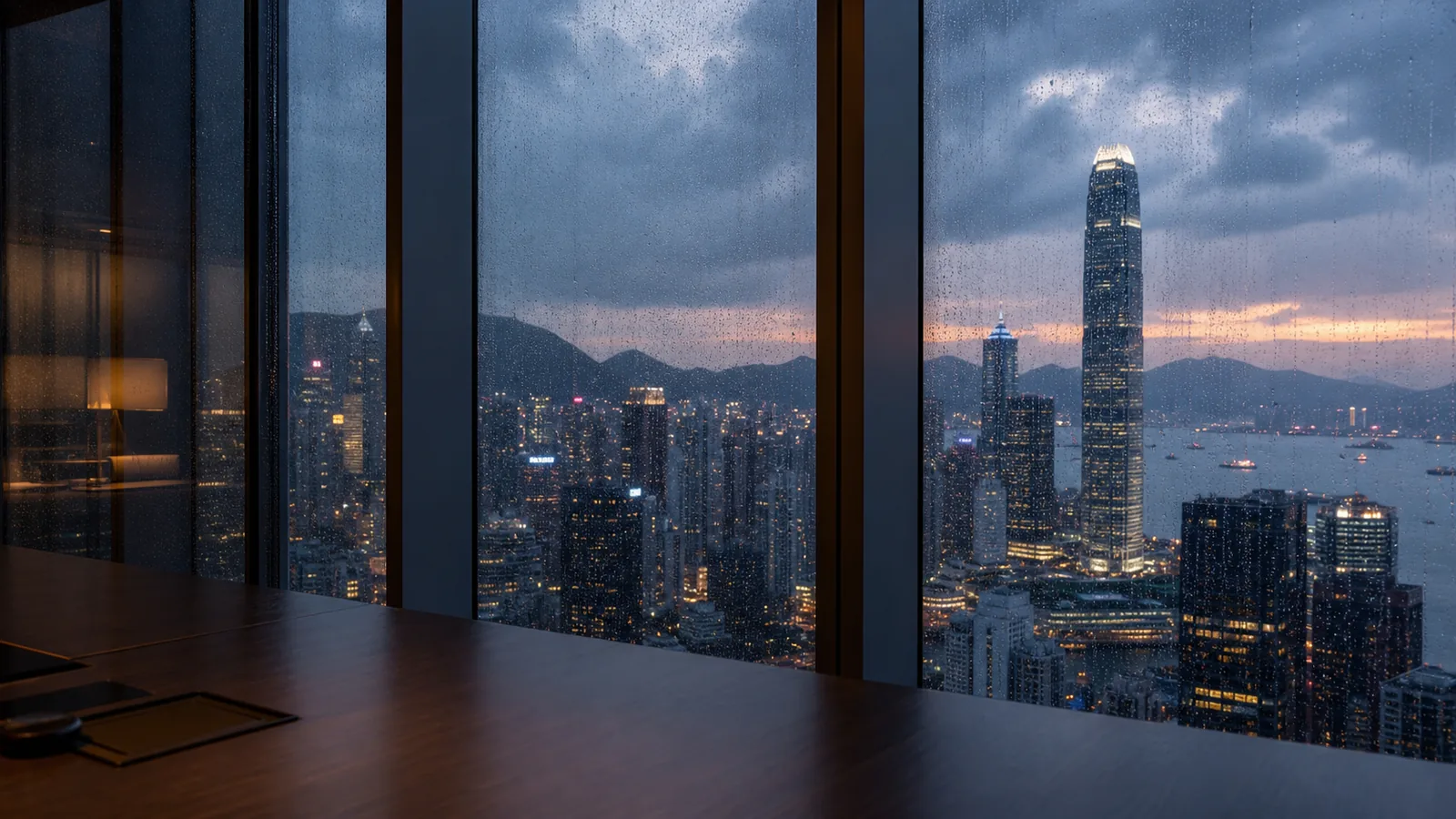 Elegant meeting room with city skyline view at dusk